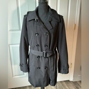 Calvin Klein coat. Double breasted, belted. Black. Size XL